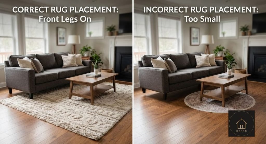 How to Arrange Furniture in a Small Living Room Correctly sized area rug with all sofa and chair legs resting on it in a small living room