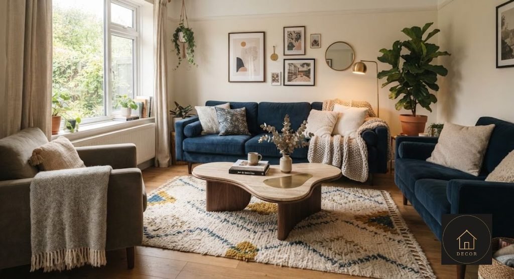 How to Arrange Furniture in a Small Living Room U-shape furniture layout in a small living room facing a fireplace focal point