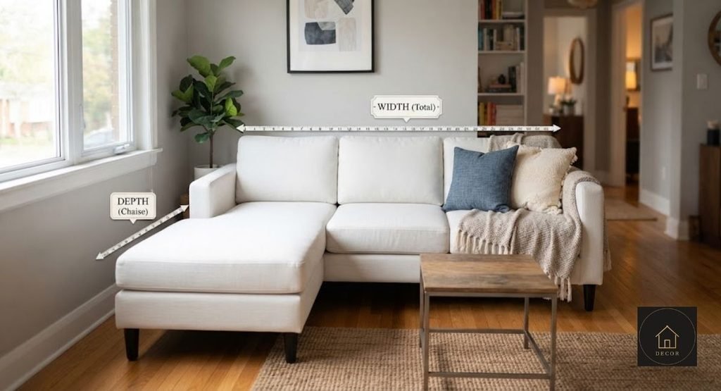 small white sectional couch comparison showing width and chaise depth