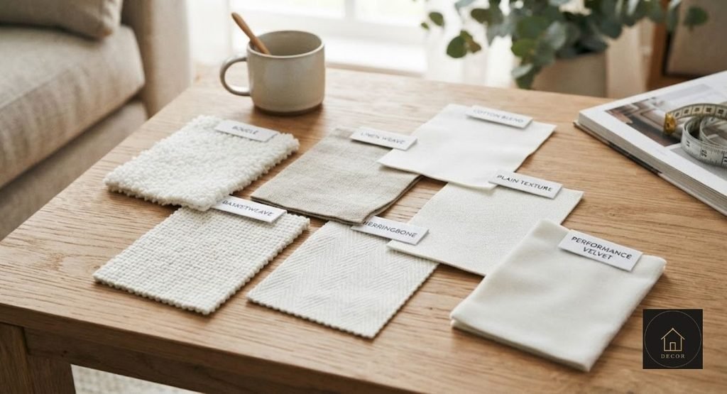 small white sectional couch fabric swatches including performance weave and boucle