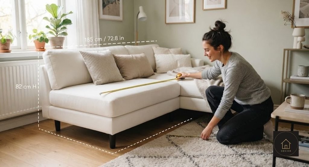 small white sectional couch measured with floor tape in a compact living room