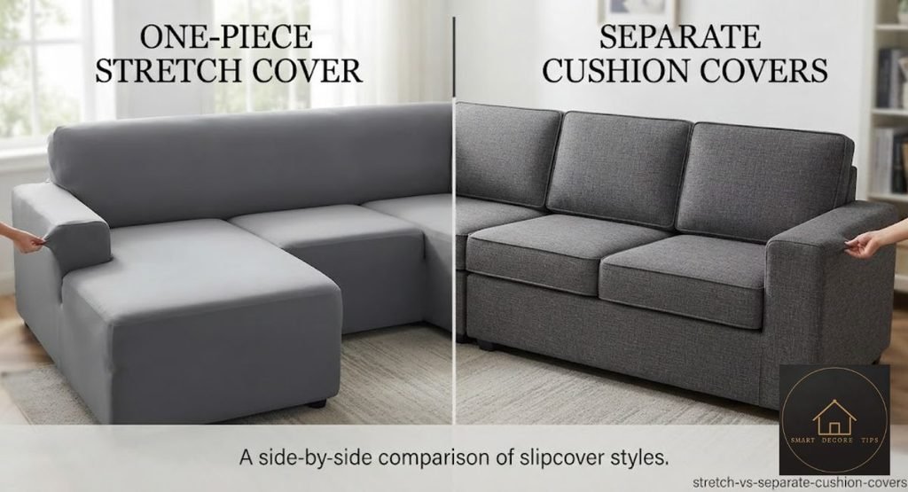 One-piece stretch cover compared with separate cushion covers on a deep sofa