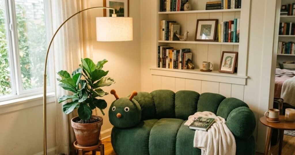 Caterpillar Sofa Chair: What to Know Before You Buy One tan corduroy caterpillar sofa chair in a cozy reading nook
