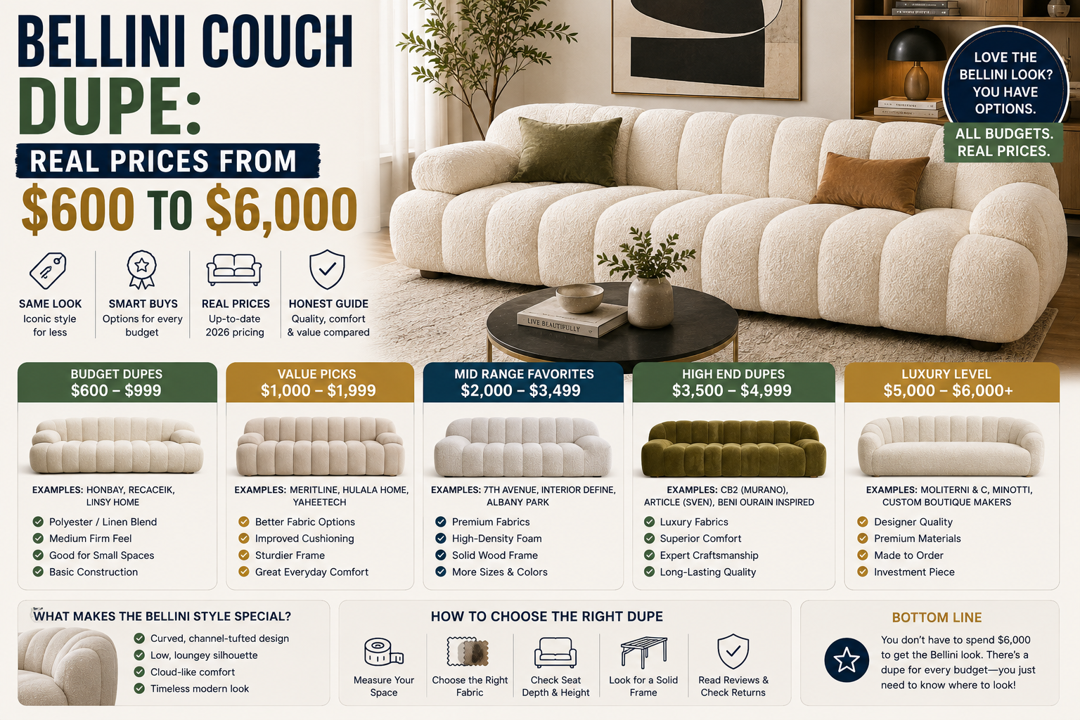 bellini couch dupe comparison with 2026 prices from $600 to $6,000, featuring bellini style sofas, budget alternatives, and buying tips in a modern living room.