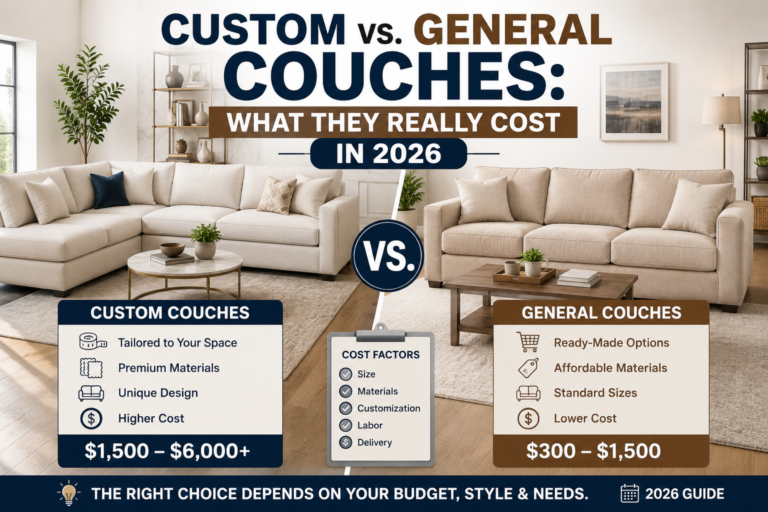 comparison of custom and general couches in a modern living room, highlighting 2026 price differences, features, quality, and value for buyers.
