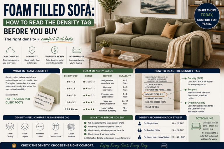 foam filled sofa with a foam density tag guide, explaining pcf ratings, comfort, durability, and how to choose the right sofa before buying.