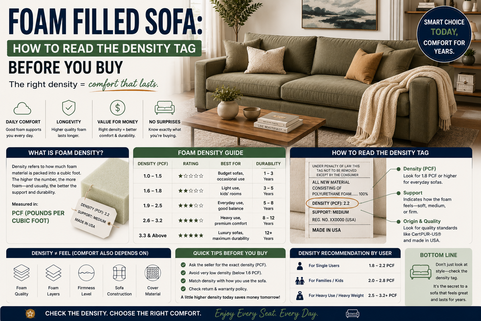 foam filled sofa with a foam density tag guide, explaining pcf ratings, comfort, durability, and how to choose the right sofa before buying.