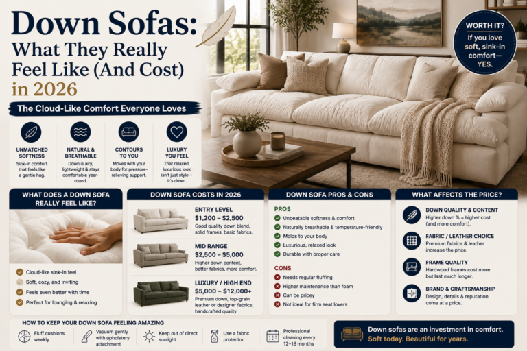 luxury down sofa in a modern living room with a 2026 guide to comfort, pricing, pros and cons, and maintenance tips for long lasting softness.