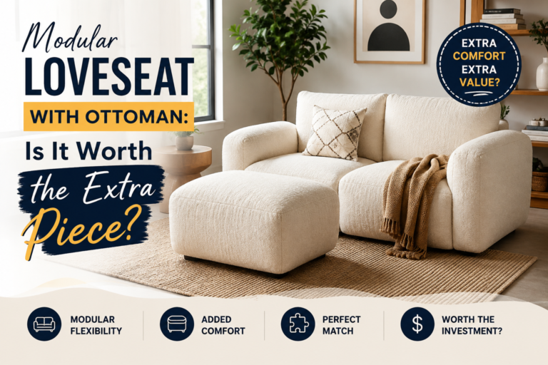 modular loveseat with matching ottoman in a modern living room, showing flexible seating, extra comfort, and stylish small space design.
