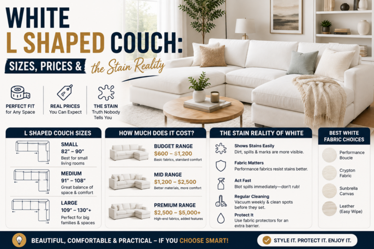 white l shaped couch in a modern living room with size guide, 2026 price ranges, stain care tips, and fabric options for easy maintenance.