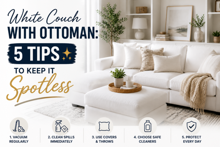 white couch with matching ottoman in a modern living room, featuring easy cleaning tips to keep white upholstery spotless and stain free.