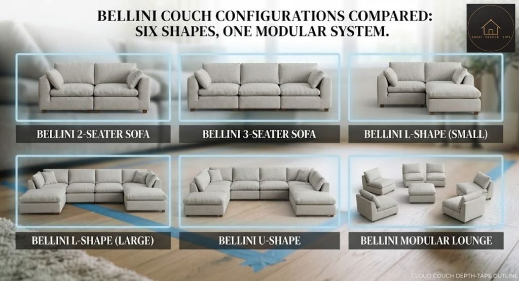 six bellini couch configurations compared linear L-shape U-shape island corner lounge
