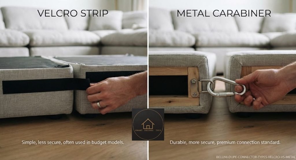 Bellini Dupe Hardware and Foam Quality: What Holds Up Bellini dupe hardware comparison showing Velcro strip versus metal carabiner connector.