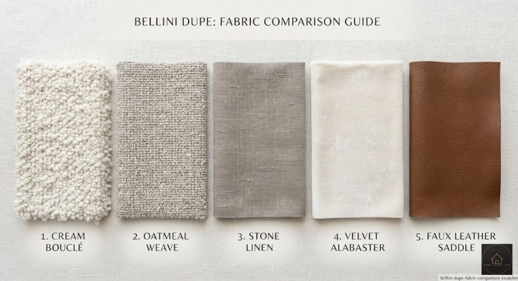 Best Fabric for a Bellini Couch Dupe: 5 Options Ranked by Household Fit bouclé, velvet, linen, performance fabric, and leather swatches compared