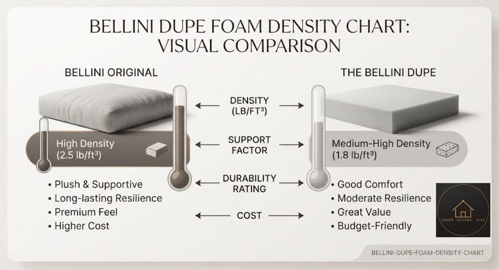 Bellini Dupe Hardware and Foam Quality: What Holds Up Bellini dupe foam density chart showing standard, high-density, and high-resiliency foam ranges