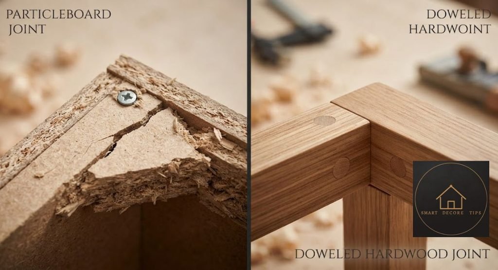 Bellini Dupe Hardware and Foam Quality: What Holds Up Bellini dupe frame material comparison, hardwood versus particleboard joint.