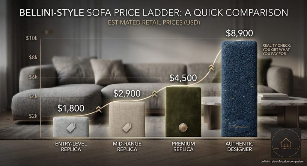 Bellini Couch Dupe Prices: $1,000 to $10,700 (2026) Bar chart comparing Bellini-style modular sofa prices from Eternity Modern, Sohnne, and Rove Concepts.