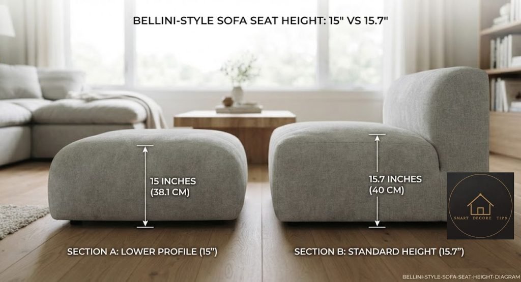 Bellini Couch Dupe Prices: $1,000 to $10,700 (2026) Side-view diagram showing 15-inch and 15.7-inch seat heights on two Bellini-style modular sofas.