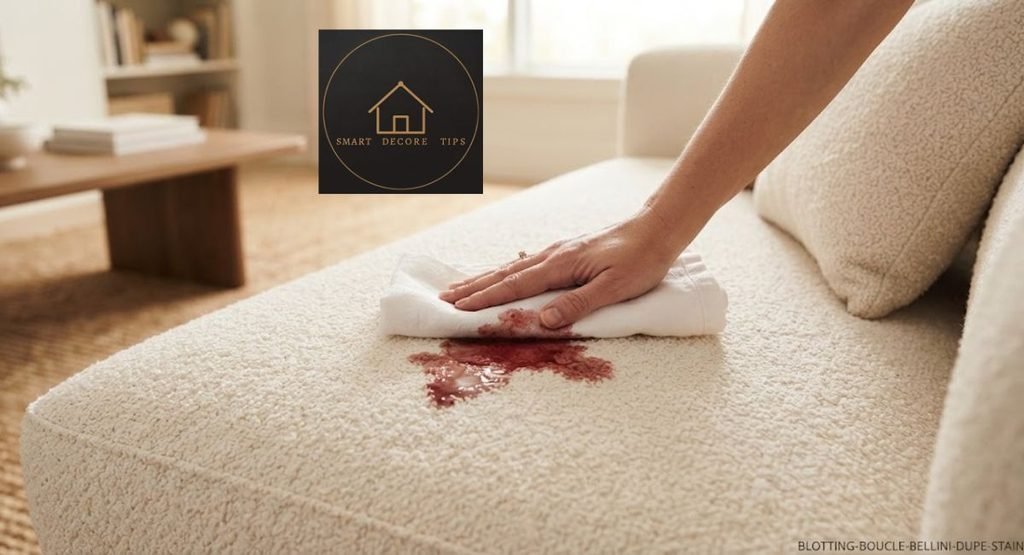 How to Clean a Bellini Couch Dupe the Right Way blotting a stain on a bouclé Bellini dupe cushion