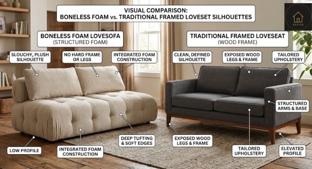 boneless loveseat vs regular loveseat side by side