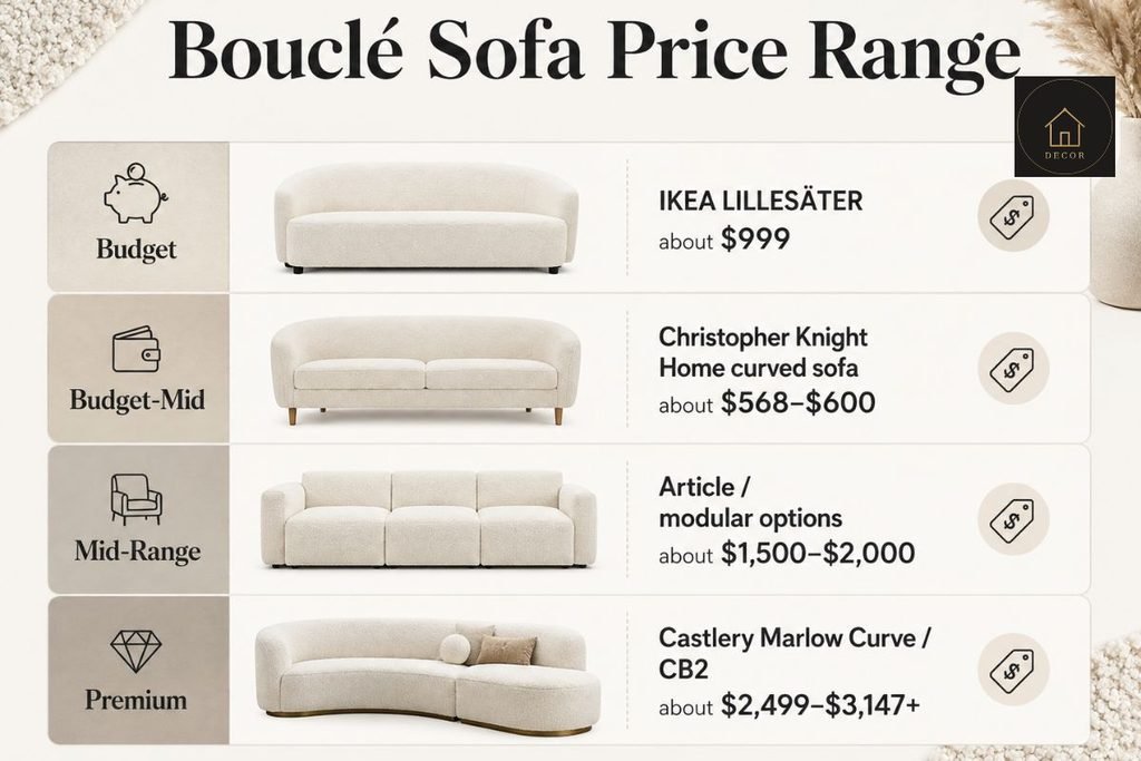 boucle sofa price range infographic from budget to premium