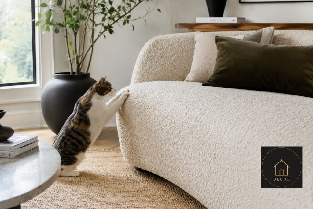 cat scratching a cream boucle sofa in a living room