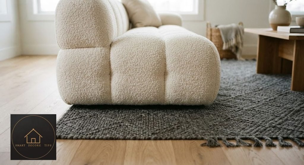 Segmented Cushion Couch Styling: 10 Rules That Work Sage segmented couch with its front edge on a charcoal flatweave rug.