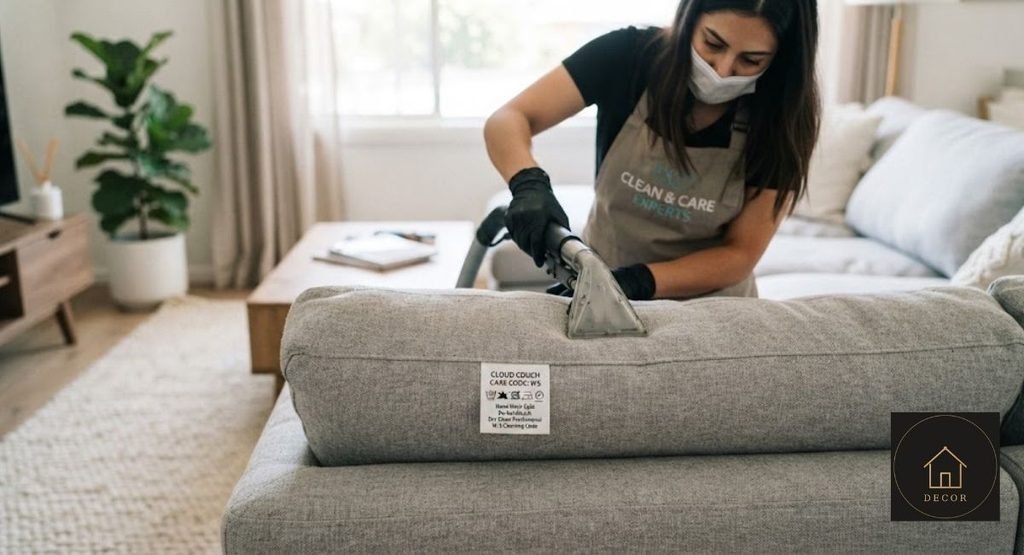 cloud couch cleaning care code tag under a sofa cushion