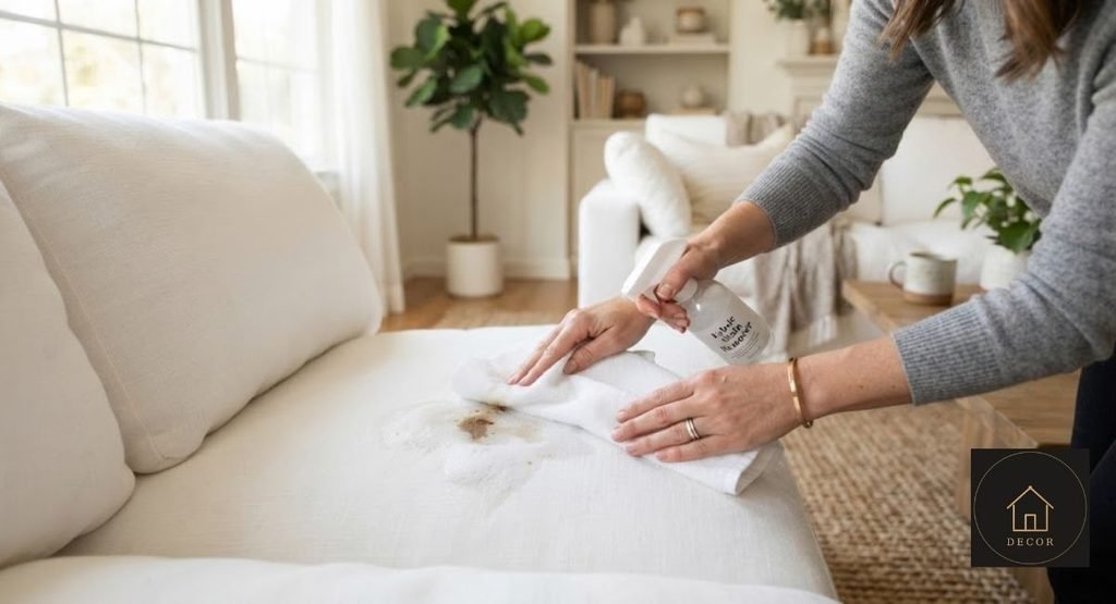 cloud couch stain being blotted with a clean white cloth