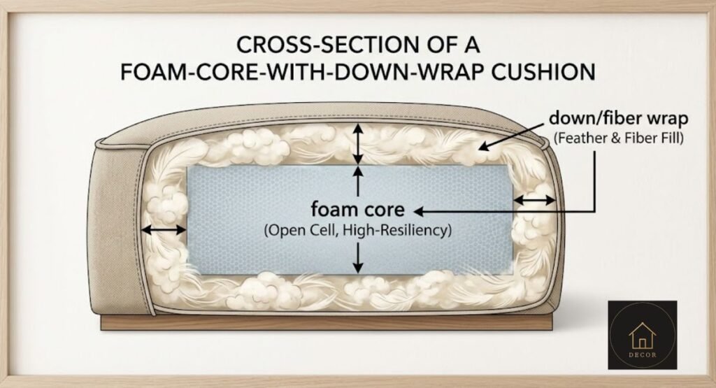 Cloud Sofa Fill Types: Down vs. Foam vs. Fiber (2026 Guide) cloud sofa cushion fill cross section diagram