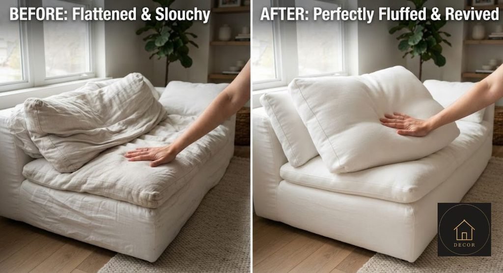 Cloud Sofa Cushion Fluffing: Fix Flat Cushions cloud sofa cushion fluffing before and after reshaping a flat seat cushion