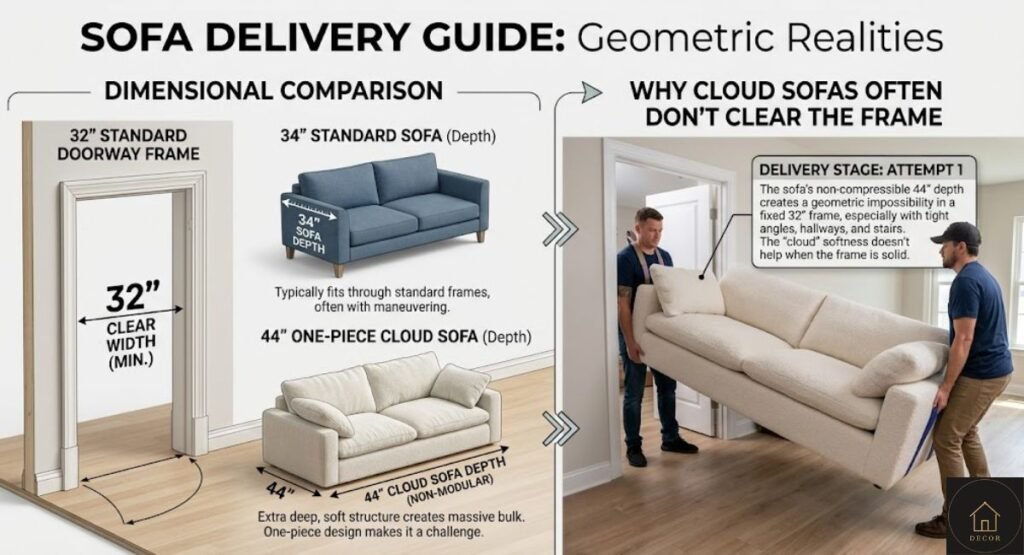 cloud sofa depth vs standard doorway width comparison diagram