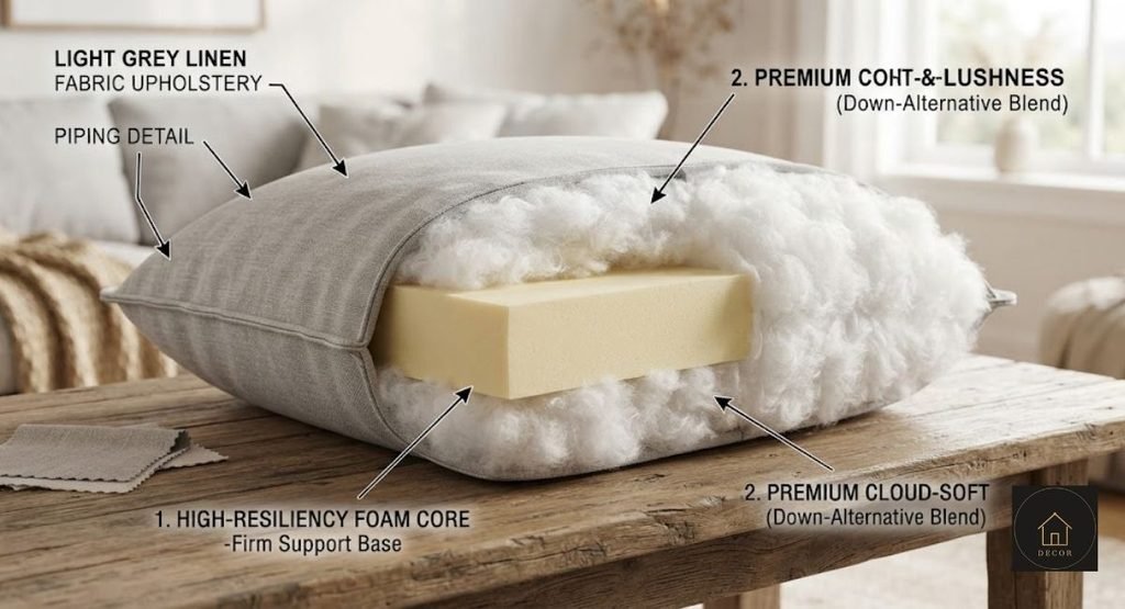 Cloud Sofa Fill Types: Down vs. Foam vs. Fiber cloud sofa fill types shown in a cushion cross section with foam core and soft outer fill (1)