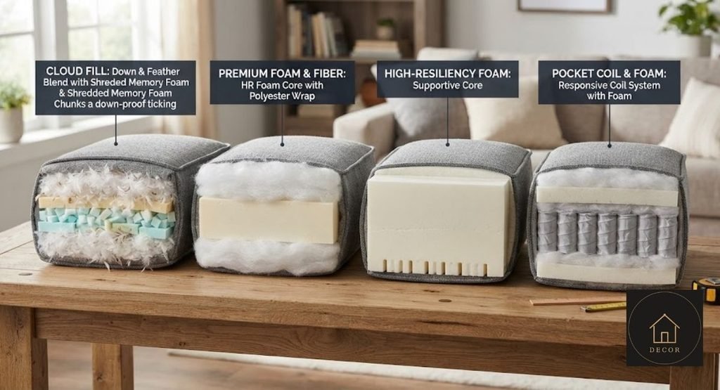 Cloud Sofa Fill Types: Down vs. Foam vs. Fiber cloud sofa fill types shown in a cushion cross section with foam core and soft outer fill