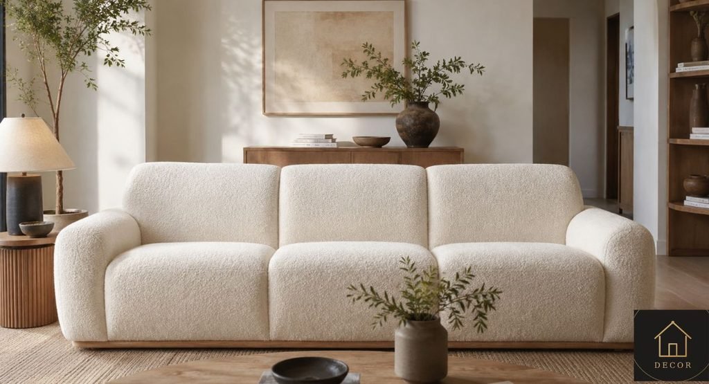 cream boucle sofa in a warm minimalist living room