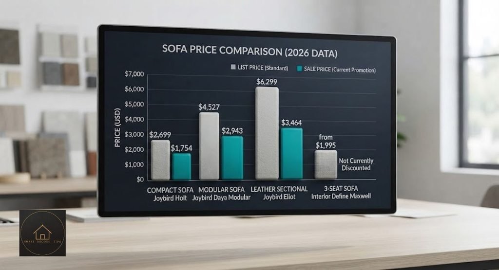 Bar chart comparing list and sale prices for three custom sofa builds in 2026