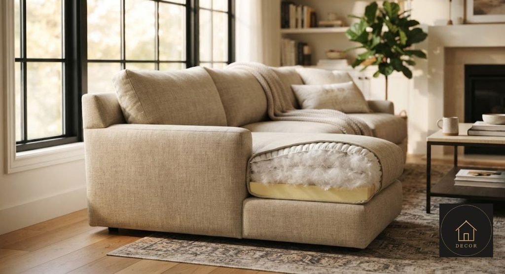 down sofas cushion construction showing loose fill down wrapped foam and firm foam cores