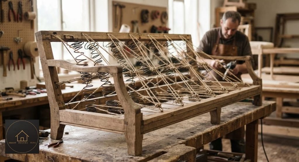Exposed sofa frame with eight-way hand-tied springs and corner blocks