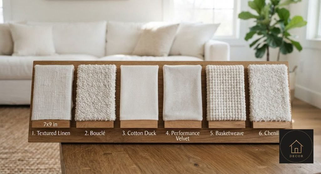 White Couch with Ottoman: Prices, Fabrics & Fit fabric comparison for a white couch with ottoman including chenille linen and performance upholstery