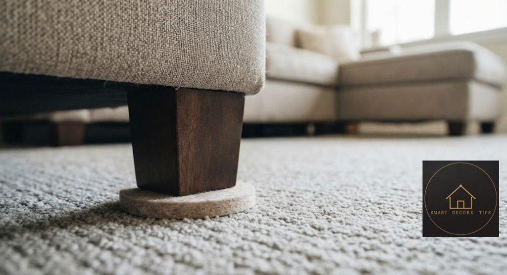 Felt pad under the foot of a rented sectional to prevent carpet dents