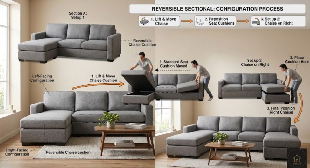 Left-Facing vs Right-Facing Sectional: The 5-Second Trick flipping a reversible sectional chaise from left to right