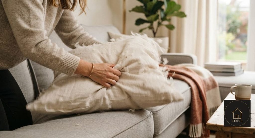 Down vs Foam Cushions: Which One Actually Fits Your Sofa? fluffing a down sofa cushion by hand to restore loft