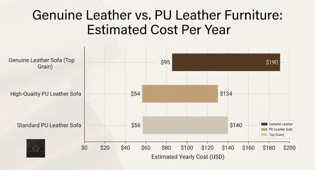 Genuine Leather vs PU Leather Furniture: What Lasts Bar chart of yearly cost for a top-grain leather sofa and two faux leather sofas