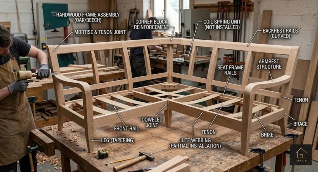 Bespoke Sofa 101: What It Really Costs in 2026 kiln dried hardwood frame being built for a bespoke sofa