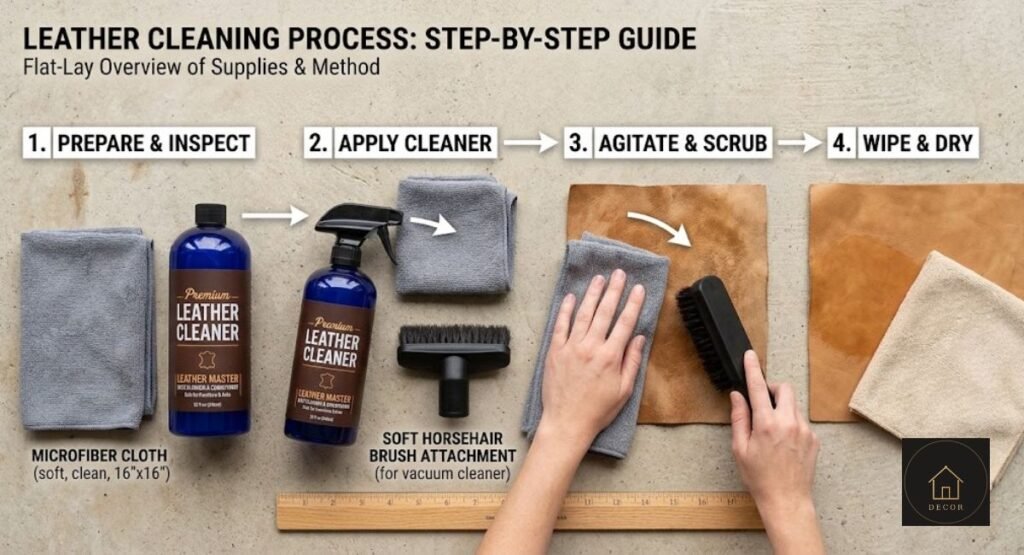 Leather Sofa Care Guide: 9 Rules That Add 10+ Years leather sofa care guide supplies microfiber cloth leather cleaner soft brush