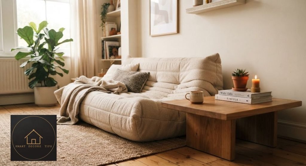 Segmented Cushion Couch Styling: 10 Rules That Work Low round coffee table matched to a caterpillar sofa seat.