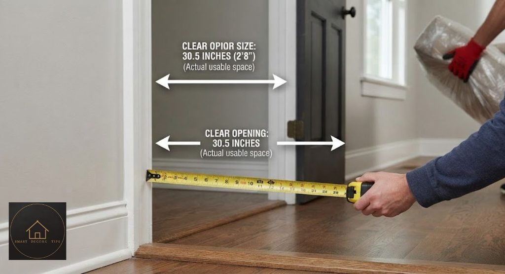 Tape measure across a doorway showing about 30 inches of clear opening