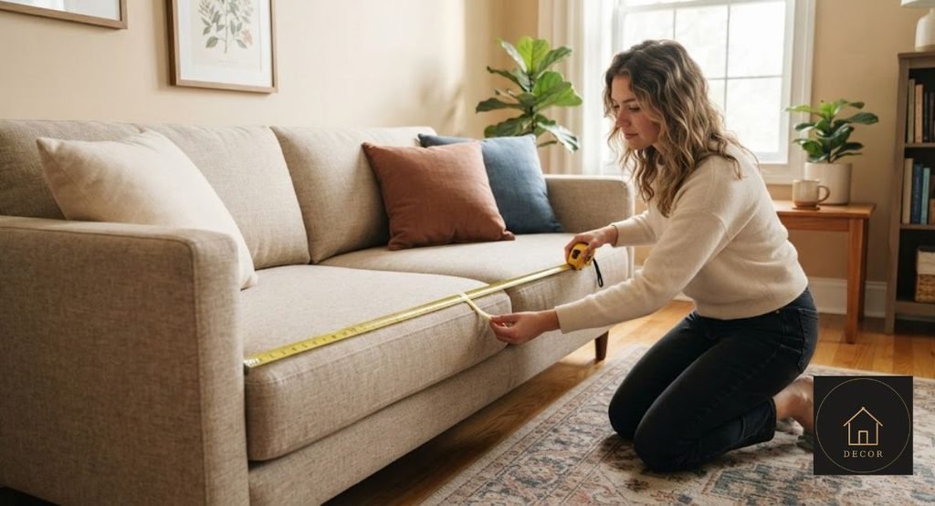 measuring a deep down filled sofa and doorway before delivery