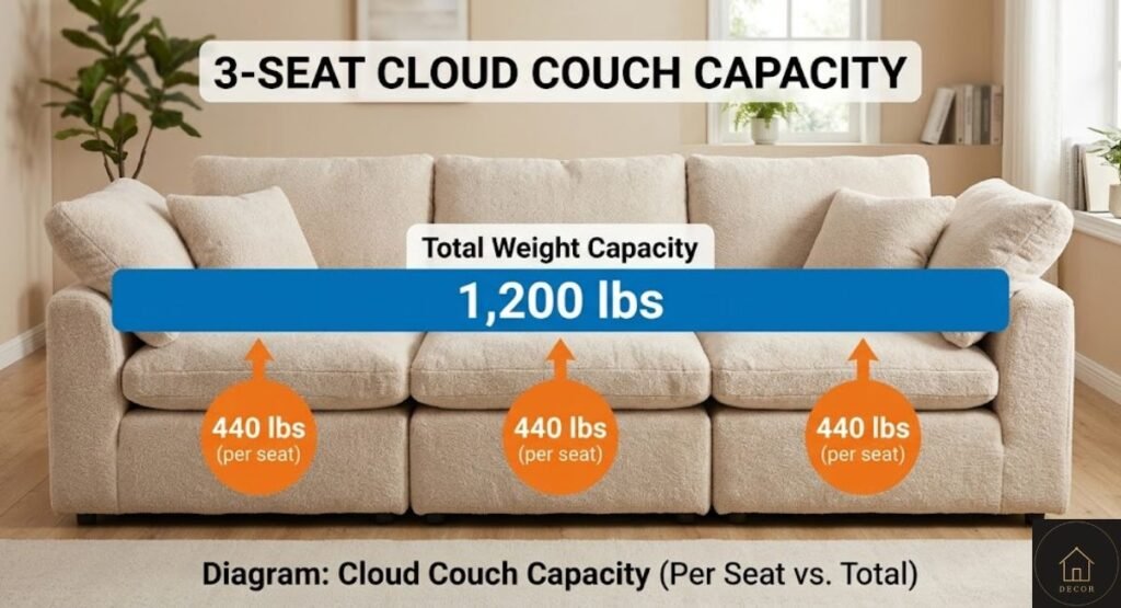 Cloud Couch Weight Capacity: What Brands Actually List (2026) per seat vs total cloud couch weight capacity diagram