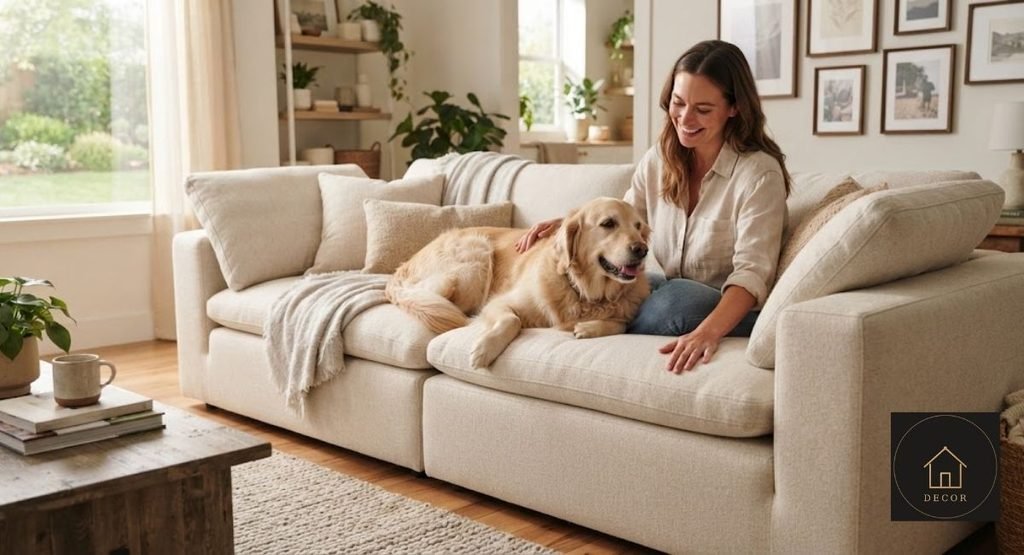 pet friendly cloud couch fabric color test comparing visible fur on dark and neutral upholstery